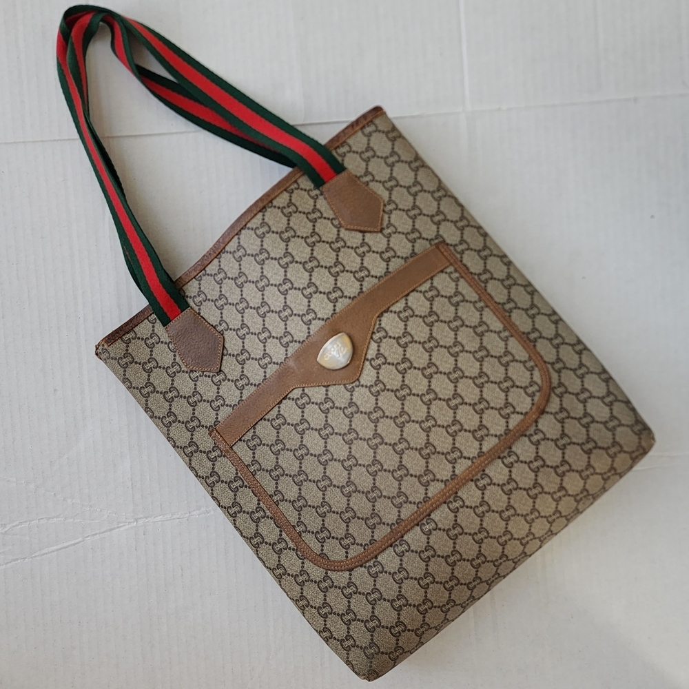 Gucci Plus GG Supreme Leather-Trimmed Monogrammed Coated-Canvas Web Tote Bag